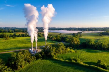 Aerial View of Renewable Energy Power Plant Emitting Steam on a Sunny Day