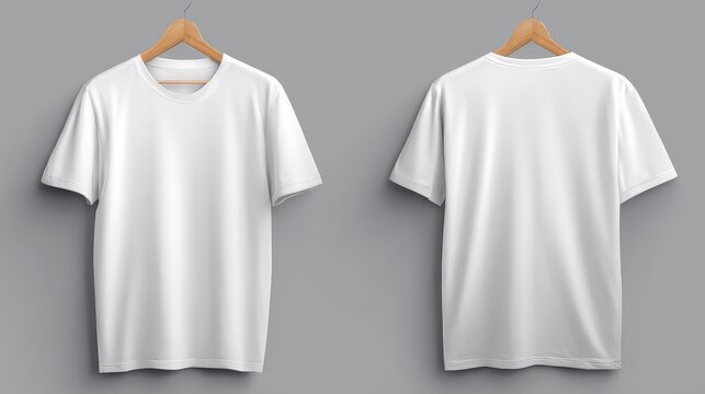 Two white t shirts on hangers front and back view blank and empty against gray background for design and branding mockup purposes with wooden hangers