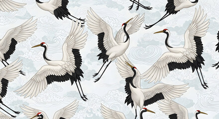 Obraz premium Graceful Red Crowned Cranes Flying in a Light Blue Stylized Japanese Sky