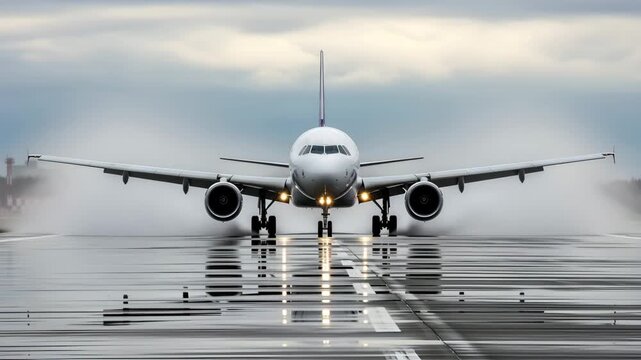 Airplane taking off on wet runway with water spray and reflection under cloudy sky 4K HD high quality video.
