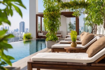Naklejka premium Luxurious Rooftop Hotel Pool with Infinity View for Ultimate Staycation Experience