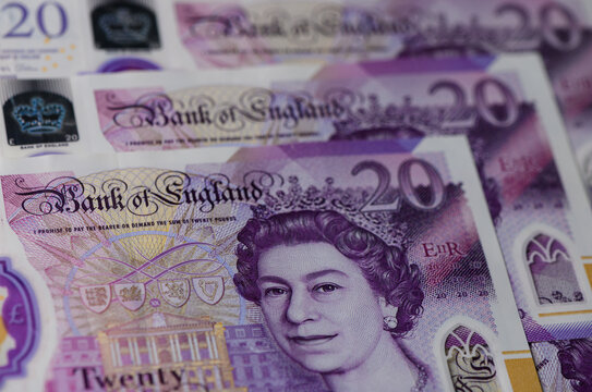 Close-Up of 20 GBP Notes finance concept for stock photography