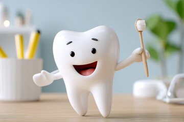 Cute Cartoon Tooth Character Promoting Dental Health in a Clinic Room