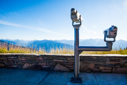 Telescopes on a lookout point over the Olympic Mountains, Hurricane Ridge, Olympic National Park