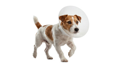 A scruffy jack russell terrier dog wearing a clear Elizabethan collar and walking on a transparent background © Ricky