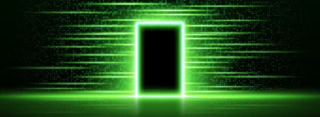 Fototapeta premium Futuristic digital door glowing with green neon light, abstract vector background. Opened cyber portal or gate with pixel glitch effect, high tech entrance or exit concept
