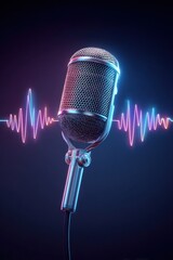 Vintage professional microphone stands against a dark background with a glowing neon blue and purple sound wave. It represents audio recording art.
