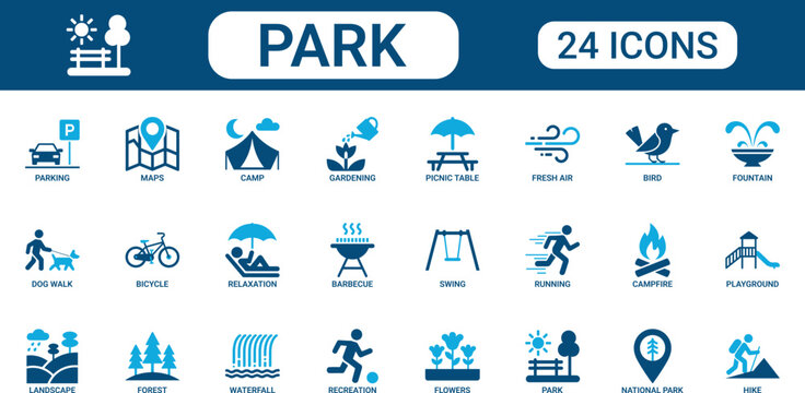 Park Icon Set Collection Featuring Nature, Camping, Hiking, Picnic, Playground, Forest, Landscape, Relaxation and Outdoor Recreation Symbols for Travel, Tourism and Leisure Vector Design
