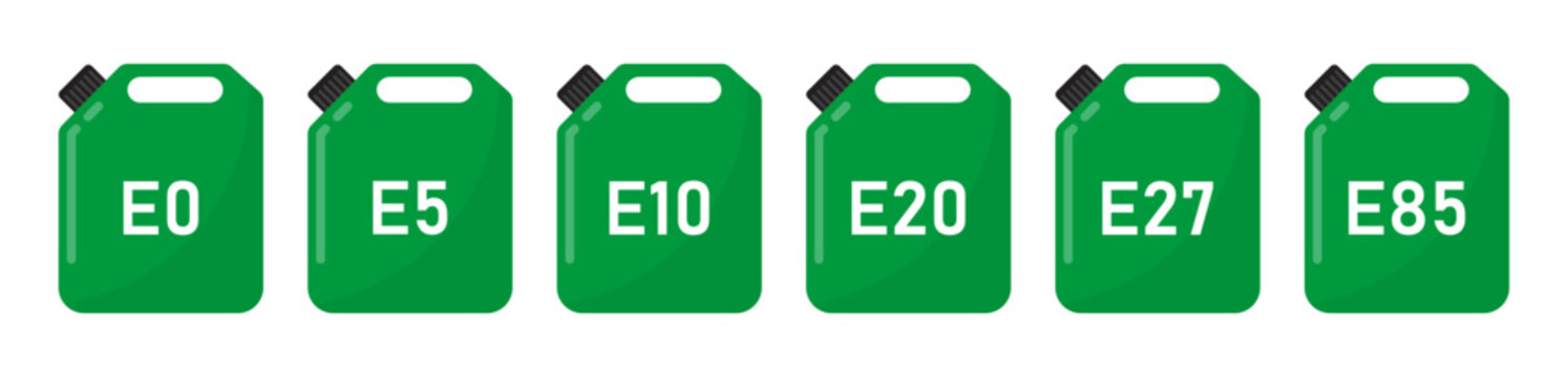Ethanol fuel canister icons set E0, E5, E10, E20, E27, E85 green biofuel container labels for gasoline ethanol blend energy vector illustration