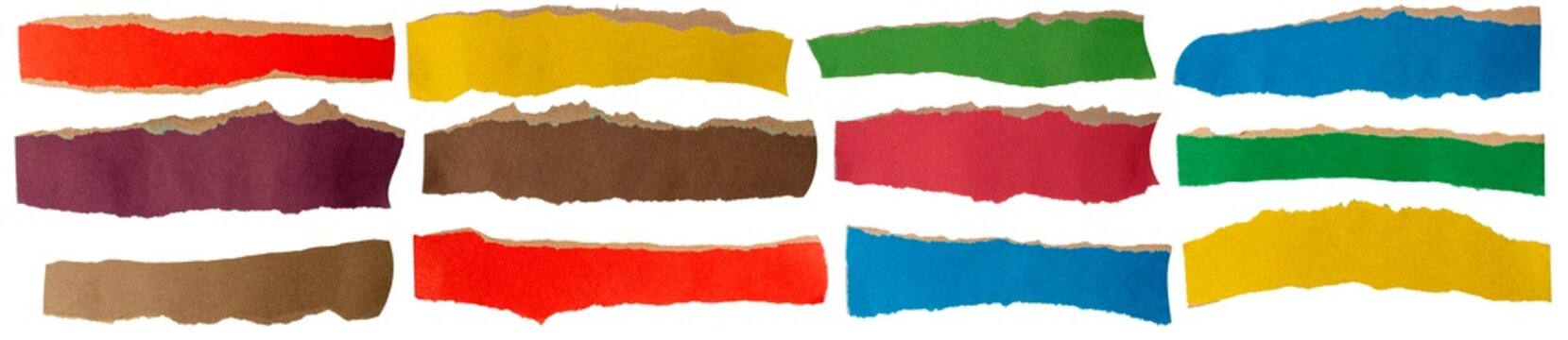 Isolated collection of colorful torn paper stripes  on white background	
