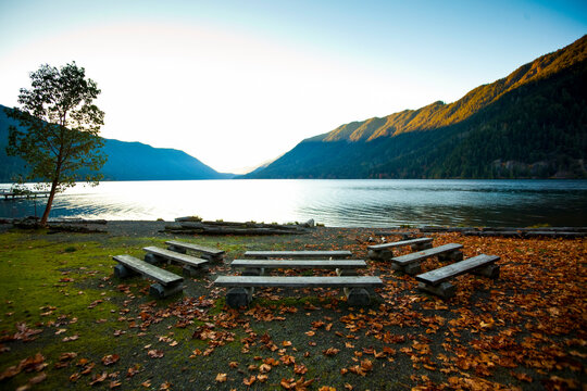 Wooden benches along Lake Crescent, Olympic National Park, WA USA