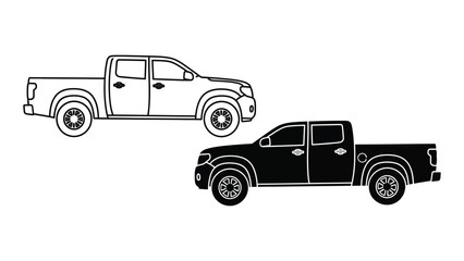 A black and white line drawing of two pick up trucks © Apurba