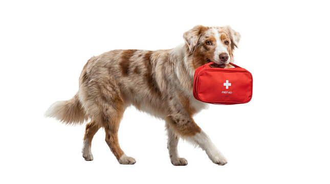 Australian Shepherd dog carrying a red first aid kit in its mouth isolated on transparent background