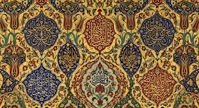 Rich Ornate Islamic Calligraphy Pattern with Golden Blue and Red Floral Design
