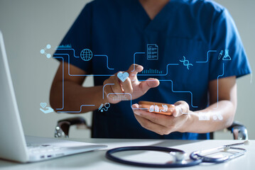 Medical professional using futuristic digital healthcare interface with AI data analytics, smart...