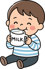 Cute boy drinking milk healthy habit cartoon illustration
