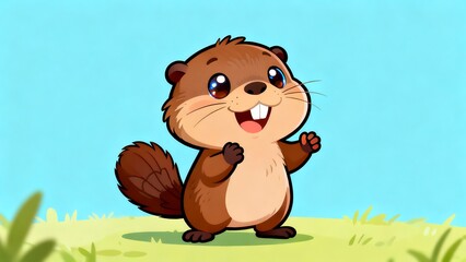 Cute Beaver Character Standing On Log