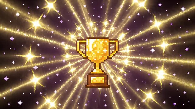 Pixel Art Golden Trophy Achievement Animation with Sparkling Stars and Pulsing Light Rays on a Dark Purple Background