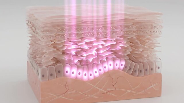 Energy shield forming over skin with glowing light, protection barrier for cell regeneration, healing, medical dermatology, health, layered structure, advanced skincare, laser energy shield