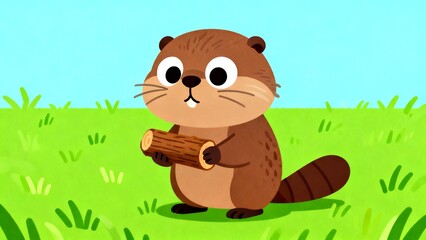 Cartoon Beaver Eating Wood On Grass