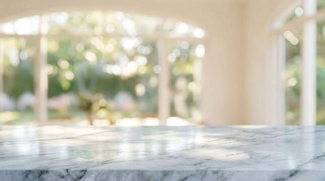 White marble table top with blurred bright window garden background for product display montage