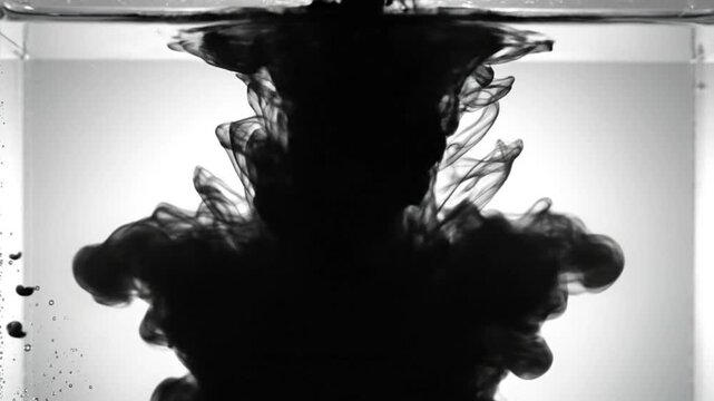 Black ink dissolving and spreading through water in a clear glass container, creating abstract visual patterns