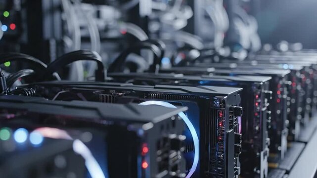 Close-up view of multiple graphic processing units in a server rack with colorful lighting effects
