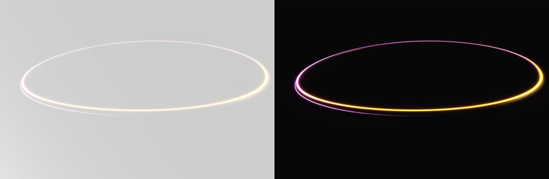 Futuristic circular neon wave motion with shiny elliptical trails and elegant design elements, gold and violet overlay neon round png 
