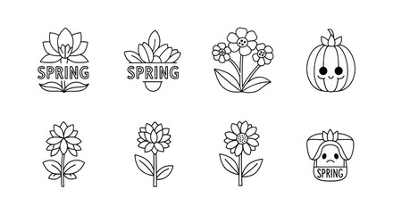 Obraz premium Black and white outline flower and plant icons with spring text and cute pumpkin character, simple linear nature illustrations for design and decoration