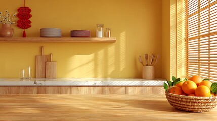 Chinese New Year Decor with Fruit in Kitchen / 旧正月の装飾と果物があるキッチン