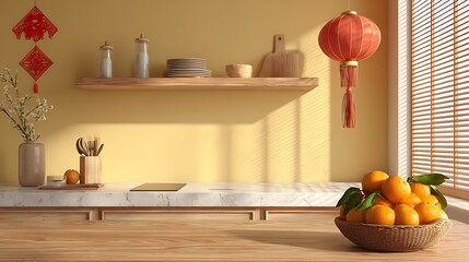 Modern Kitchen with Lunar New Year Decoration / 春節の飾り付けがされたモダンなキッチン