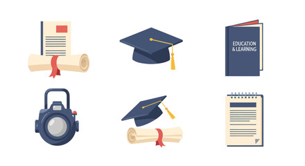 Education and learning concept icons set with graduation caps diplomas book and camera, ideal for academic and educational projects