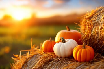 Cozy Harvest Scene at Sunset with Pumpkins and Hay Bales in Autumn Glow