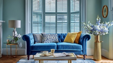 Elegant Interior with Blue Sofa and Large Window / 青いソファと大きな窓のある上品な室内