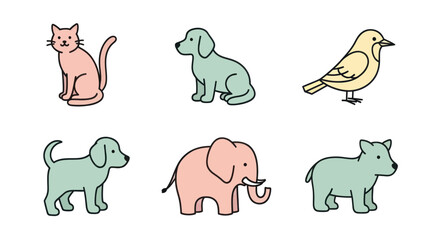 Obraz premium Cute cartoon animals illustration including cat, dog, bird, elephant and rhino in soft pastel colors, perfect for kids books and educational materials