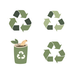 Obraz premium Green recycle symbols and compost bin icon with plant for eco-friendly waste management and sustainable environmental awareness