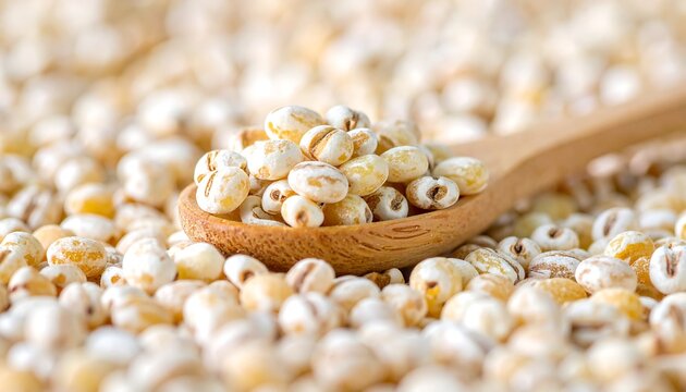 Close-up shot of job's tears grain piled on wooden spoon and blurred background of more seeds