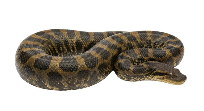 Large coiled venomous taipan snake with distinctive markings and textured scales on a white background