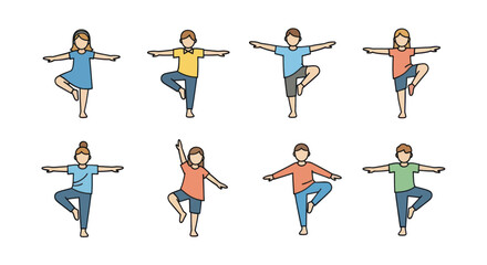Fototapeta premium Group of children practicing yoga tree pose, balance and fitness exercise for kids wellness and mindfulness development