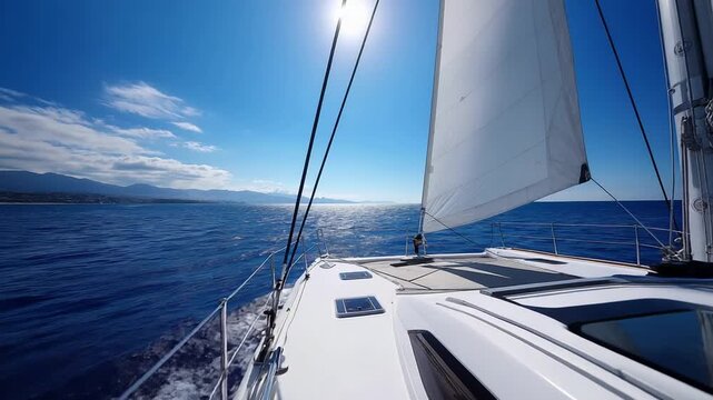 View from a yacht deck with mast and sail framing the open sea calm movement and space