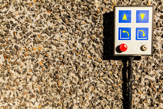 Elevator controls on a wall with a red button, Dry Falls State Park, Coulee.