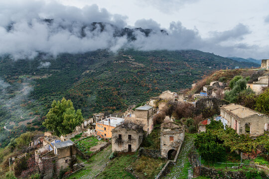 Ruins of the abandoned ghost town Gairo Vecchio, Sardinia, Italy 