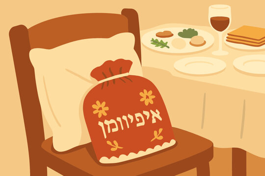 Afikoman Bag Hidden Under Pillow During Passover Seder in Cozy Flat Vector Scene