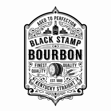 Classic Whiskey Distillery Label Featuring Vintage Scroll Elements and Traditional Wooden Barrel Illustration