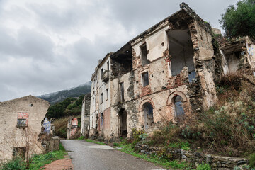 Ruins of the abandoned ghost town Gairo Vecchio, Sardinia, Italy 