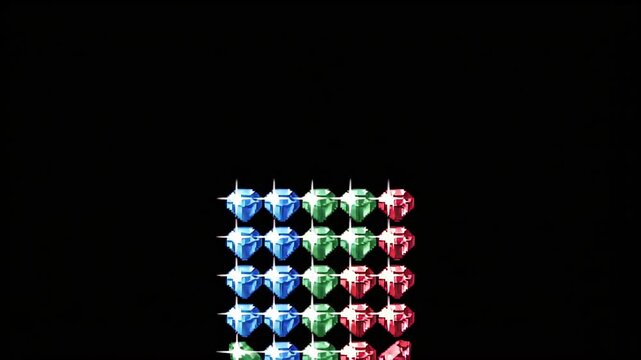 Retro Video Game Pixel Gem Collection Animation with Falling Blue Red and Green Crystals on Black Background Perfect