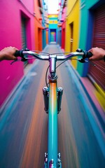 Fototapeta premium Bicycle rides through vibrant colorful alleyway with motion blur
