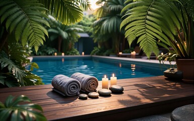 Obraz premium Tropical poolside relaxation with candles towels and lush greenery at