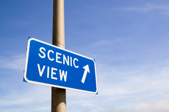 Scenic View road sign on a pole with an arrow.