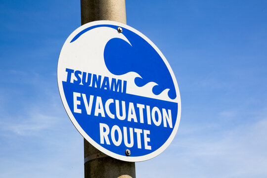 Tsunami Evacuation Route road sign, a graphic sign with lettering on a pole.